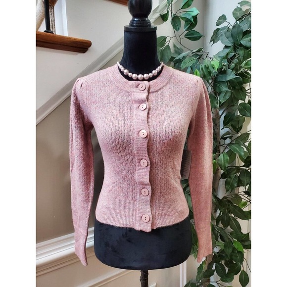 Wayf Pointelle Pink Acrylic Long Sleeve Casual Button Front Cardigan Sweater XS - Picture 1 of 15